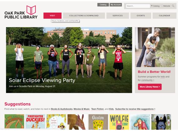 Oak Park Public Library website with the Visit menu tab highlighted