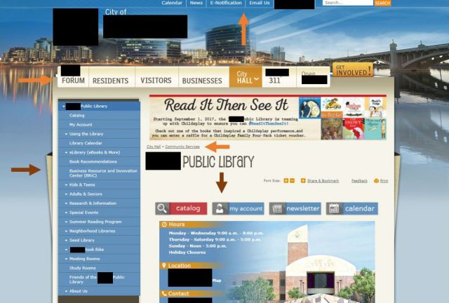 photo of a public library website within a city library's website, with arrows to point out the navigation menus