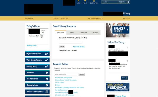 photo of an academic library website within the university website