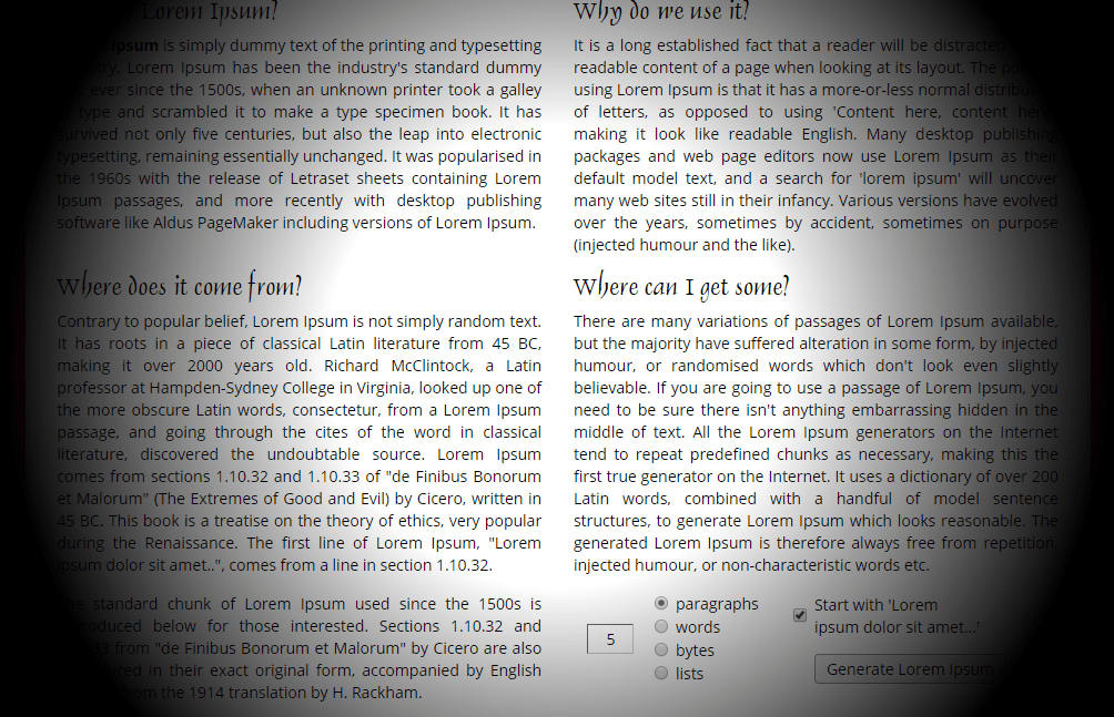This image shows a page of text with a bright circle in the middle, with a gray circle surrounding it, and black on the edges of the document. These colors are overlayed over the text, so some of it is still readable. This shows what a page looks like to a user whose glaucoma has affected their peripheral vision.