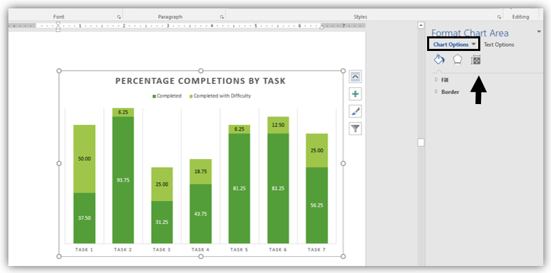 This image shows the menu that appears on the right after a user clicks on "Format Chart Area." In this menu, at the top it says "Format Chart Area." Beneath it are two options with downward facing trianges, indicating that they are menus. The items read "Chart Options," and "Text Options." In this image "Chart Options" is selected. Beneath it are three icons. The first from the left looks like a baint bucket spilling, the second looks like a pentagon, and the third looks like graph paper or an Excel spreadsheet. In this image "Chart Options" has a box drawn around it, and the third icon has an arrow pointing toward it, indicating that these are the options to choose to add alt text to the graph.