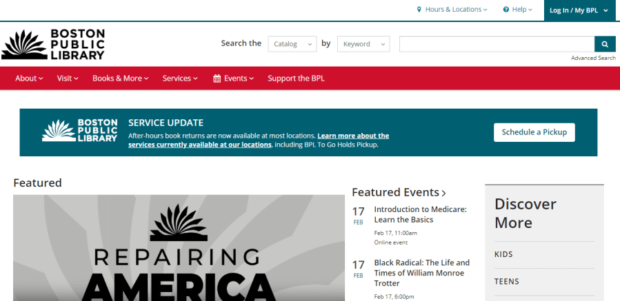 View of the Boston Public Library website homepage