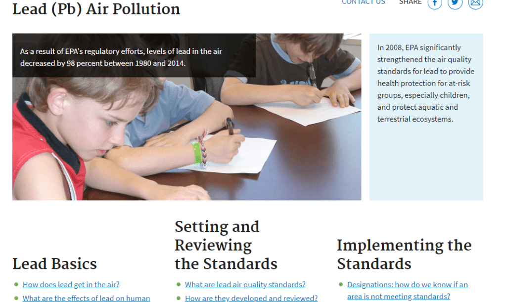 Screenshot of the Lead (Pb) Air Pollution webpage on the Environmental Protection Agency website
