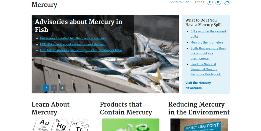 A Screenshot of the Mercury in Your Environment webpage on the EPA website