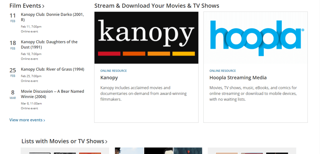 Screenshot of the Boston Public Library Movies page