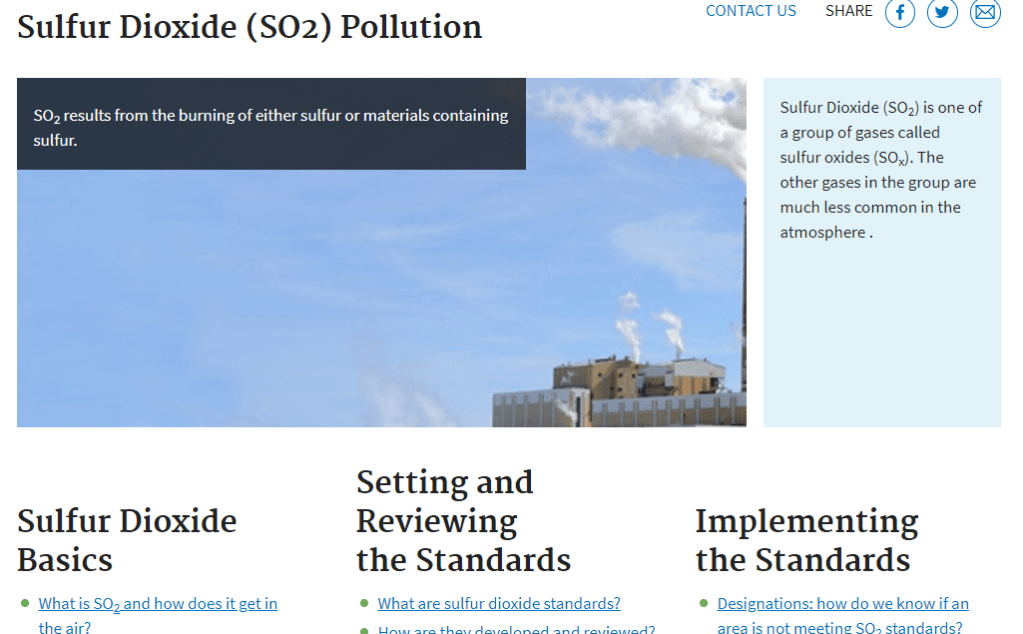 Screenshot of the EPA Sulfur Dioxide (SO2) Pollution website
