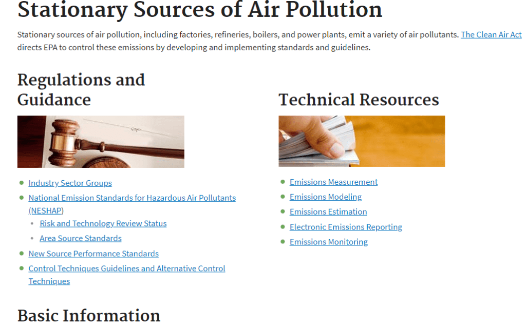 Screenshot of EPA Stationary Sources of Air Pollution website