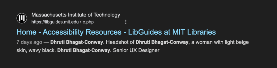 Google search result for "Dhruti Bhagat-Conway" with the preview text saying "Headshot of Dhruti Bhagat-Conway, a woman with light beige skin..."
